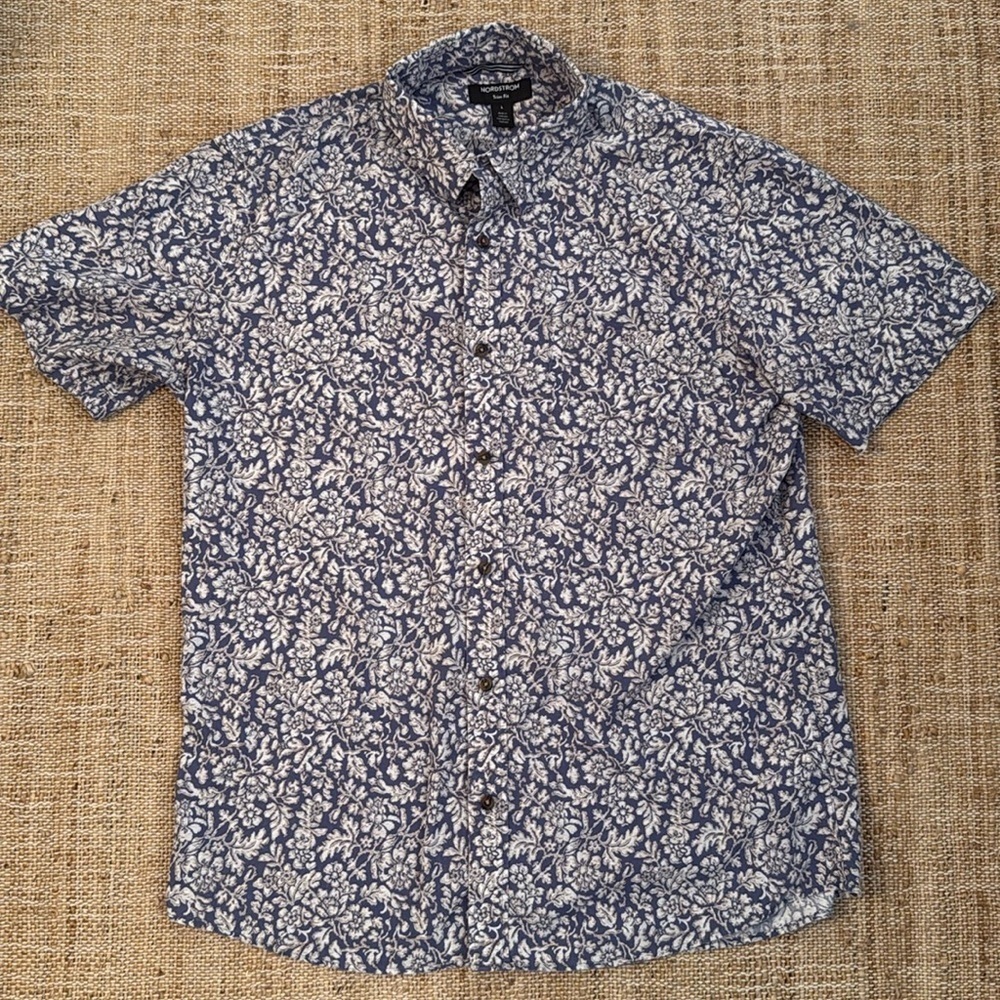Nordstrom Men's Trim Fit Button Down Shirt Blue White Floral Large Cotton Linen
